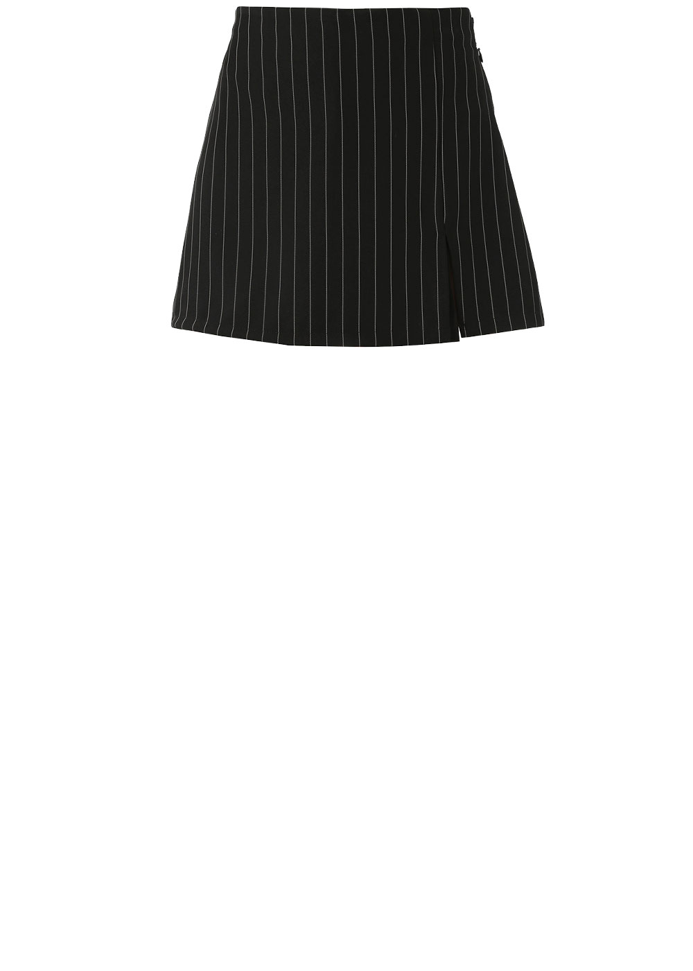 Black pinstripe mini skirt with white vertical stripes, A-line cut and side slit, smart casual women's skirt