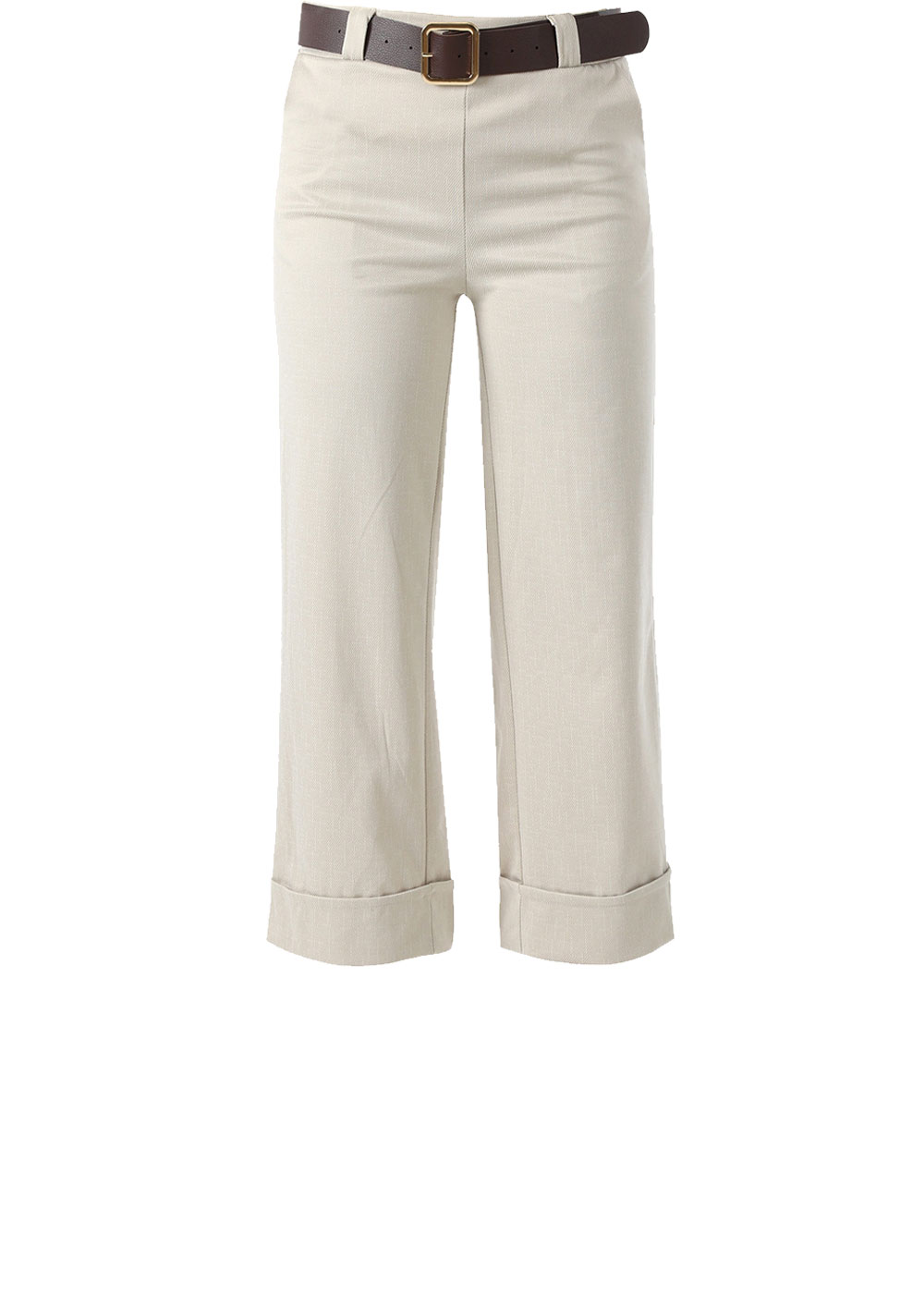 Women's beige cropped wide-leg trousers with turned-up cuffs, paired with a dark brown leather belt and gold buckle