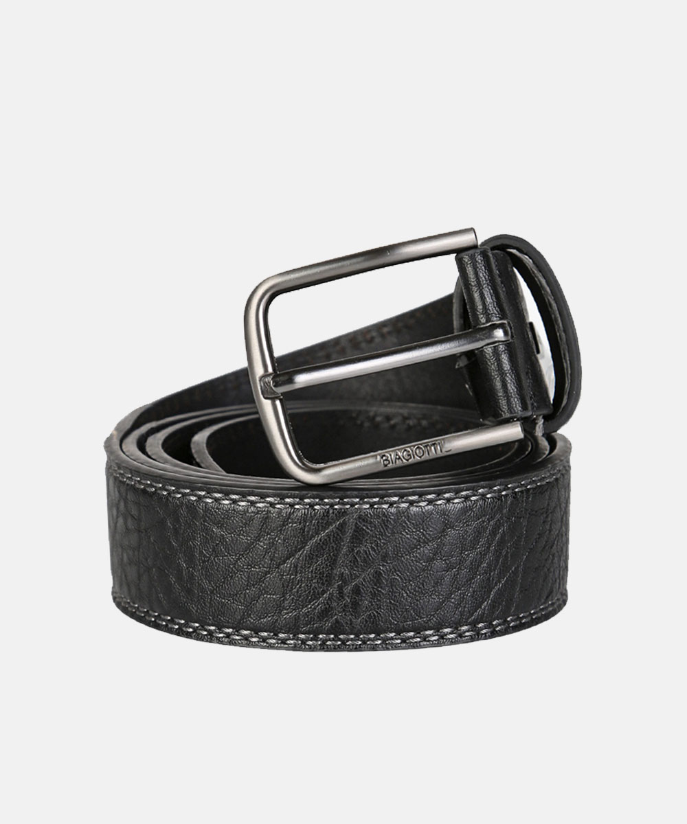 Rolled men's black textured leather belt with silver rectangular metal buckle and contrast topstitching