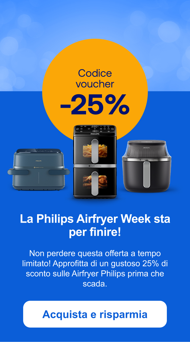 Risparmia ora 25% sulle Airfryer "La Philips Airfryer Week è ancora in corso. Approfitta oggi delle migliori offerte con questa promozione a tempo limitato del 25%! " Acquista e risparmia