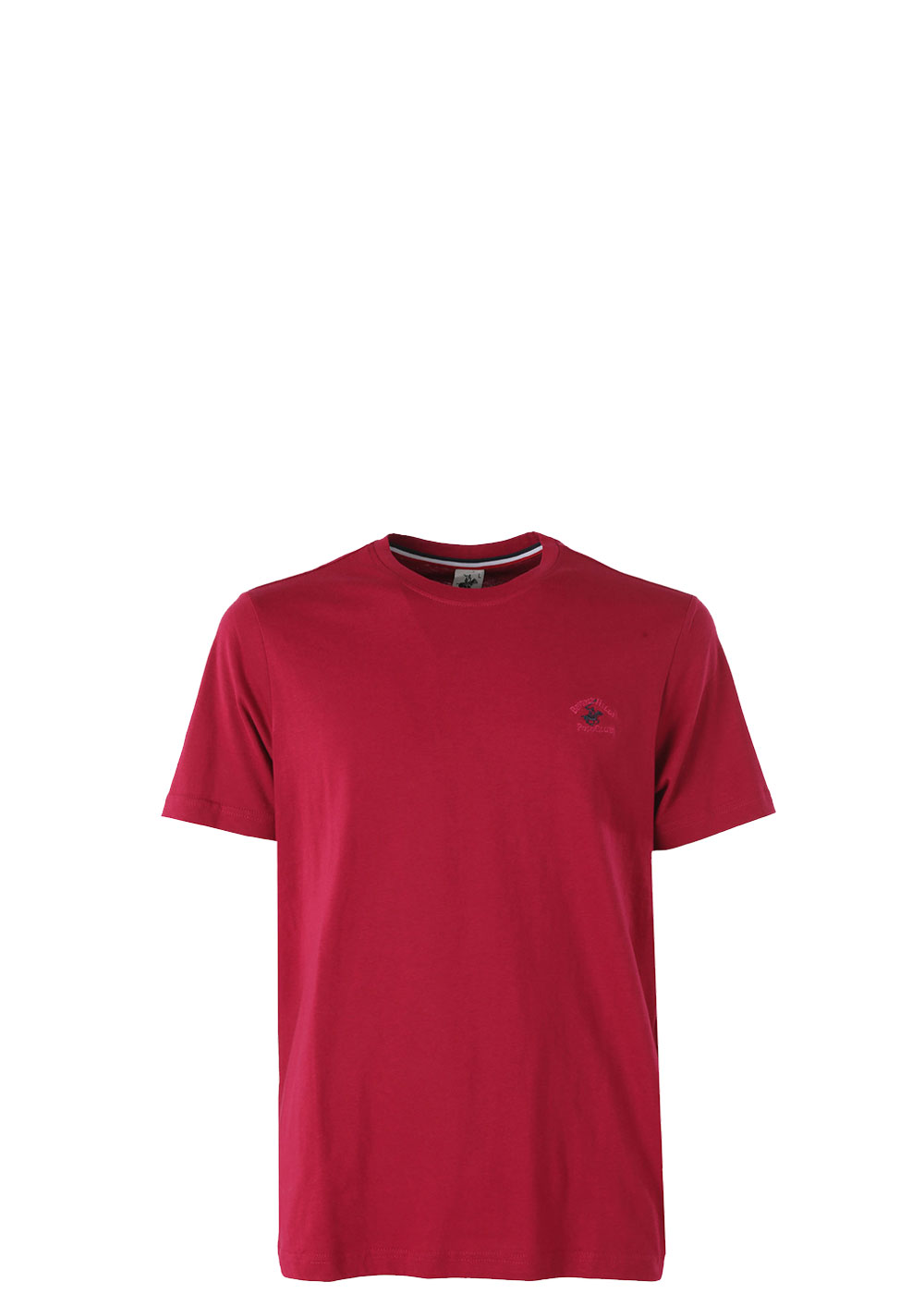 Men's red crew-neck T-shirt with small left-chest logo on plain white background