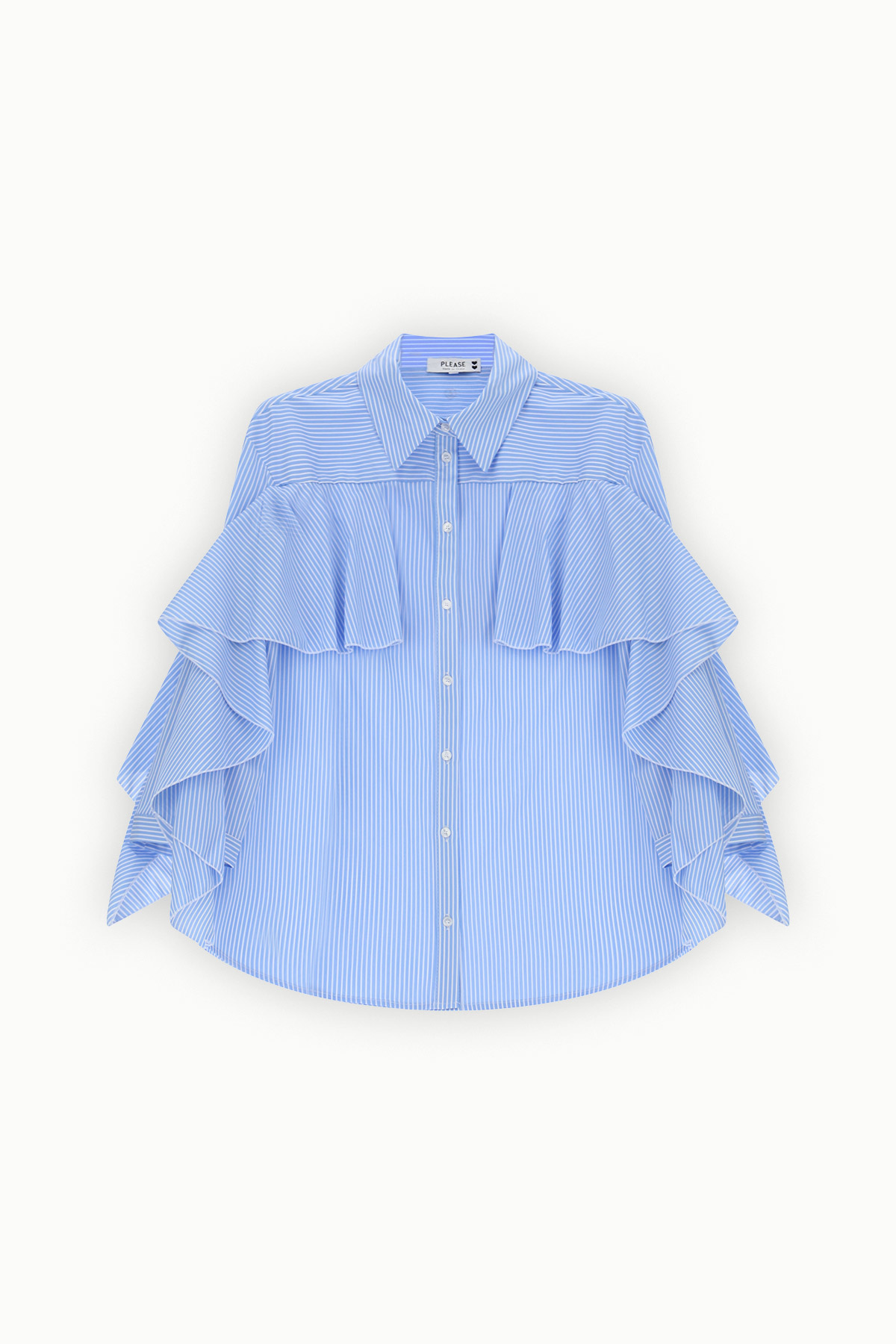 Blue and white pinstripe button-front blouse with pointed collar and layered ruffle yoke and sleeves