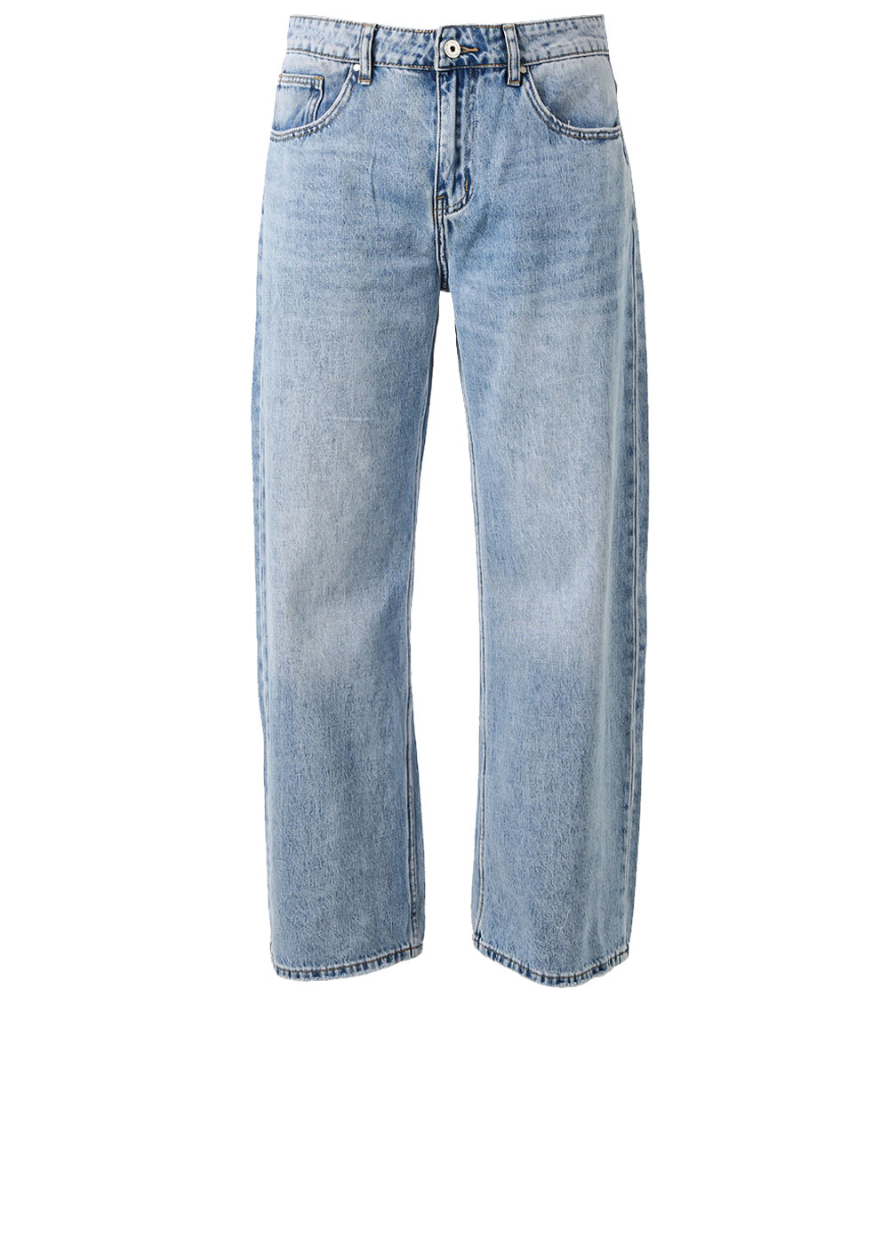 Light blue high-rise straight-leg relaxed-fit denim jeans with five-pocket styling and button fly