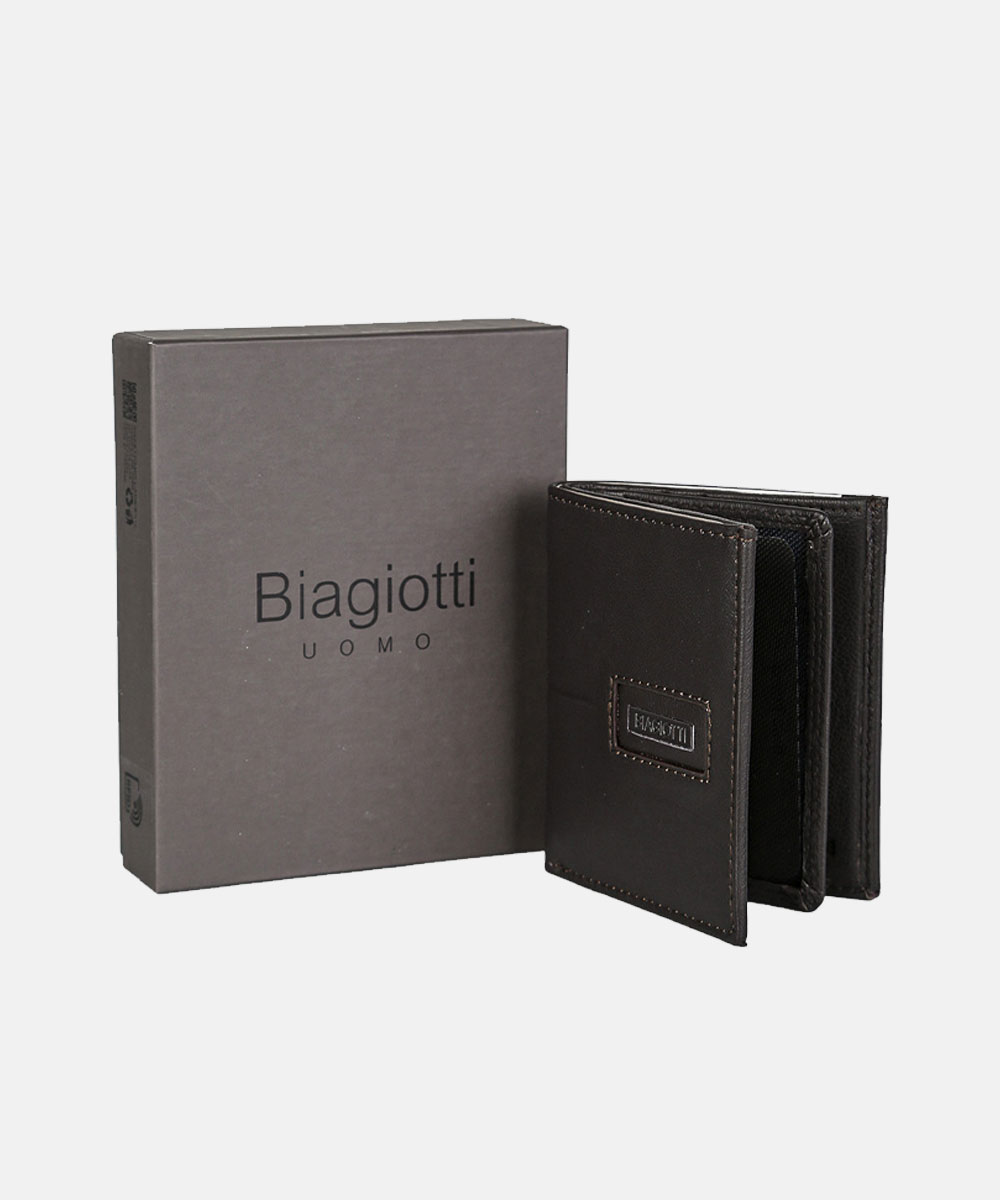 Biagiotti Uomo dark brown leather men's bi-fold wallet standing open beside a grey branded Biagiotti gift box