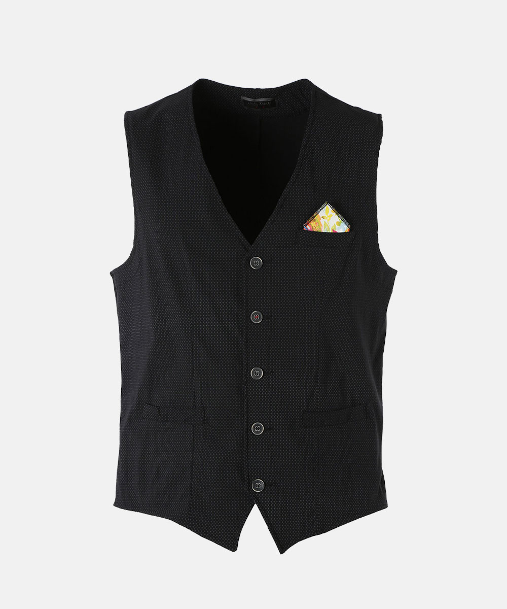 Black textured men's waistcoat with V-neck, five buttons and colourful floral pocket square