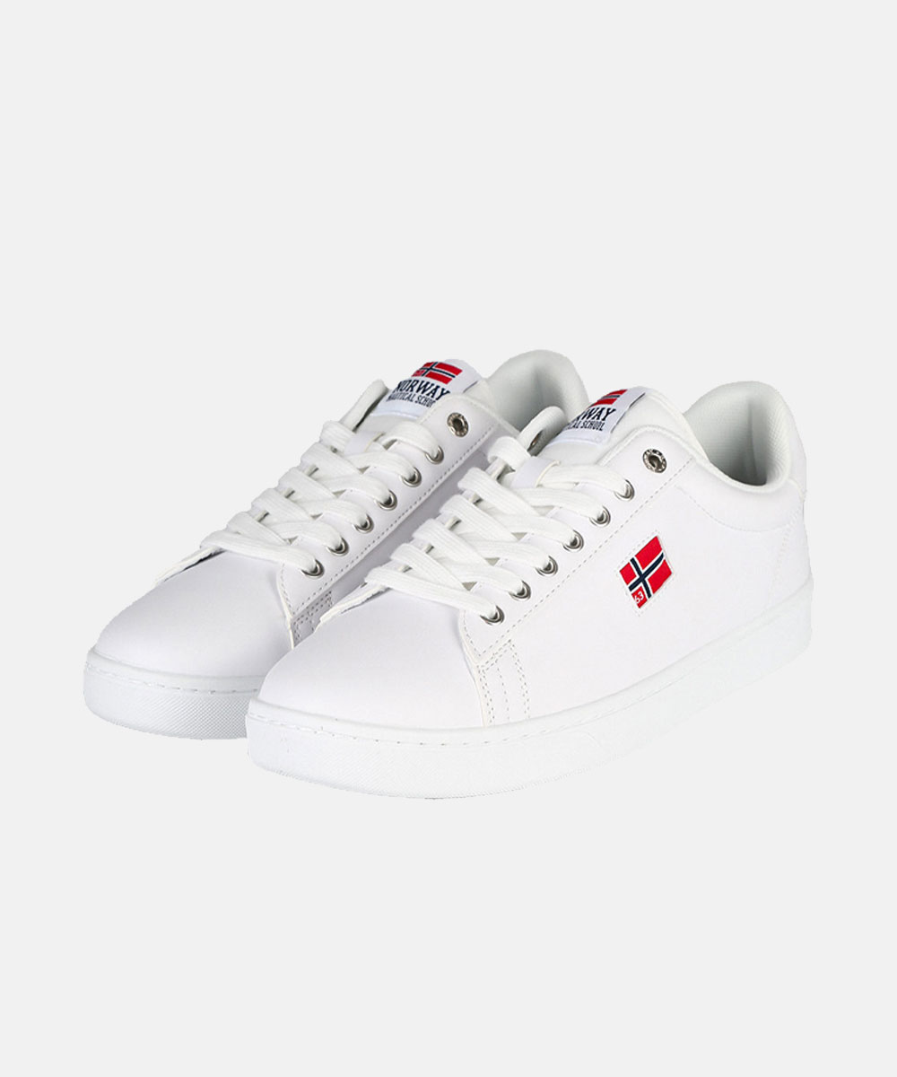 Pair of white low-top trainers with laces and red Norway flag logo on side, clean studio background