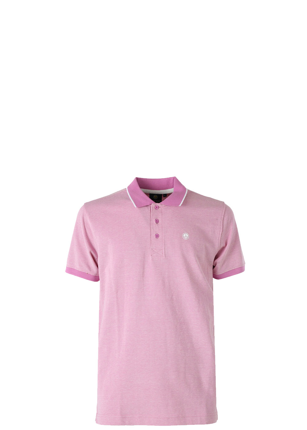 Men's pink polo shirt with contrast collar and three-button placket, short sleeves and chest logo on white background