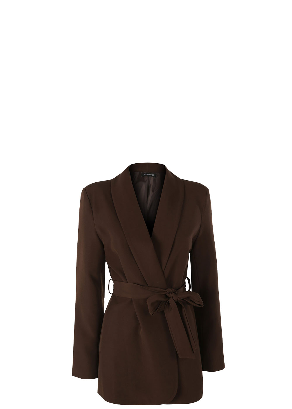 Women's dark brown belted blazer jacket with shawl collar and long sleeves on white background