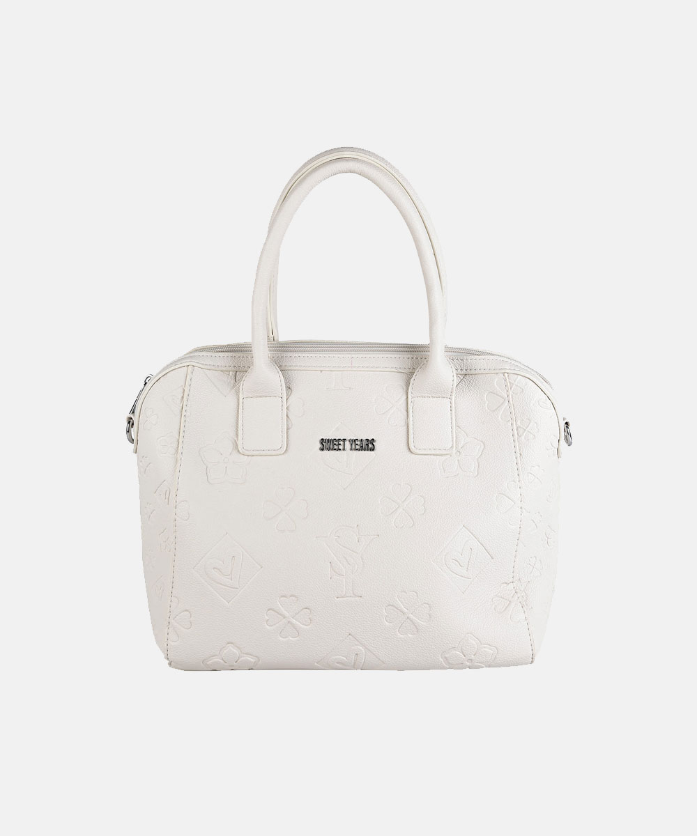 White embossed faux-leather handbag with double top handles, zip closure and 'Sweet Years' metal logo