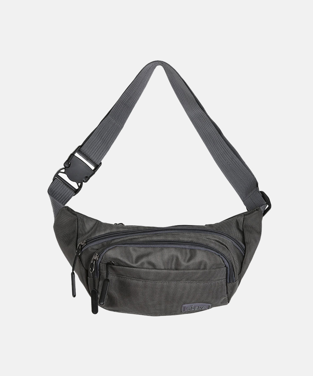 Charcoal grey nylon waist bag with adjustable strap, multiple zip pockets and front compartment — hands-free travel bumbag