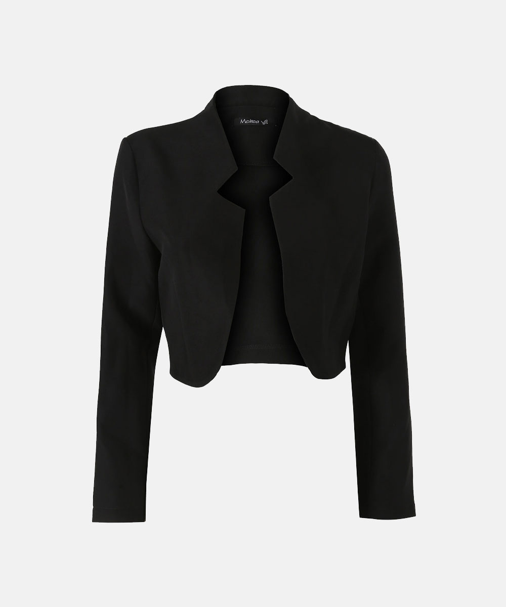 Black cropped women's bolero blazer, open-front tailored jacket with long sleeves for evening or formal wear
