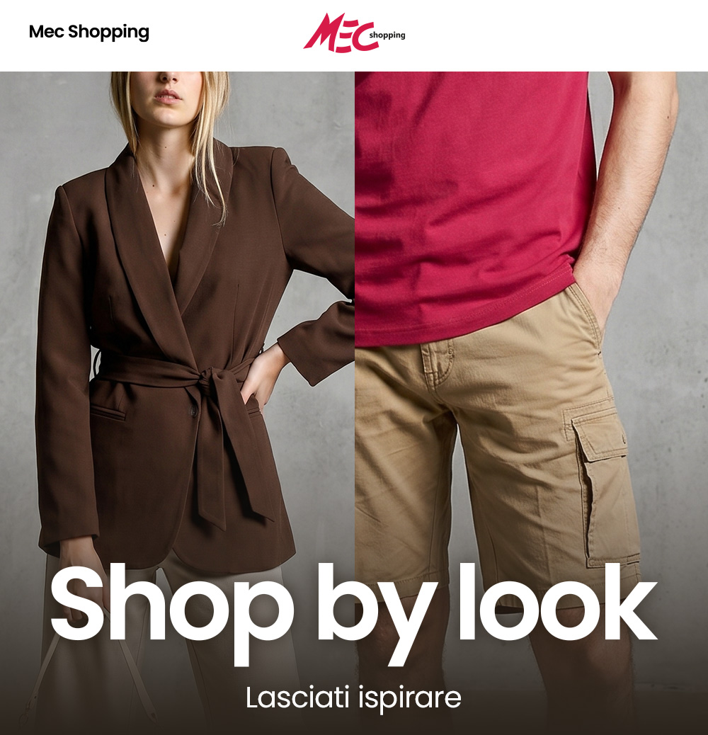 Split fashion image: left a woman in a brown belted blazer holding a handbag, right a man in a red T-shirt and khaki cargo shorts, 'Shop by look' overlay