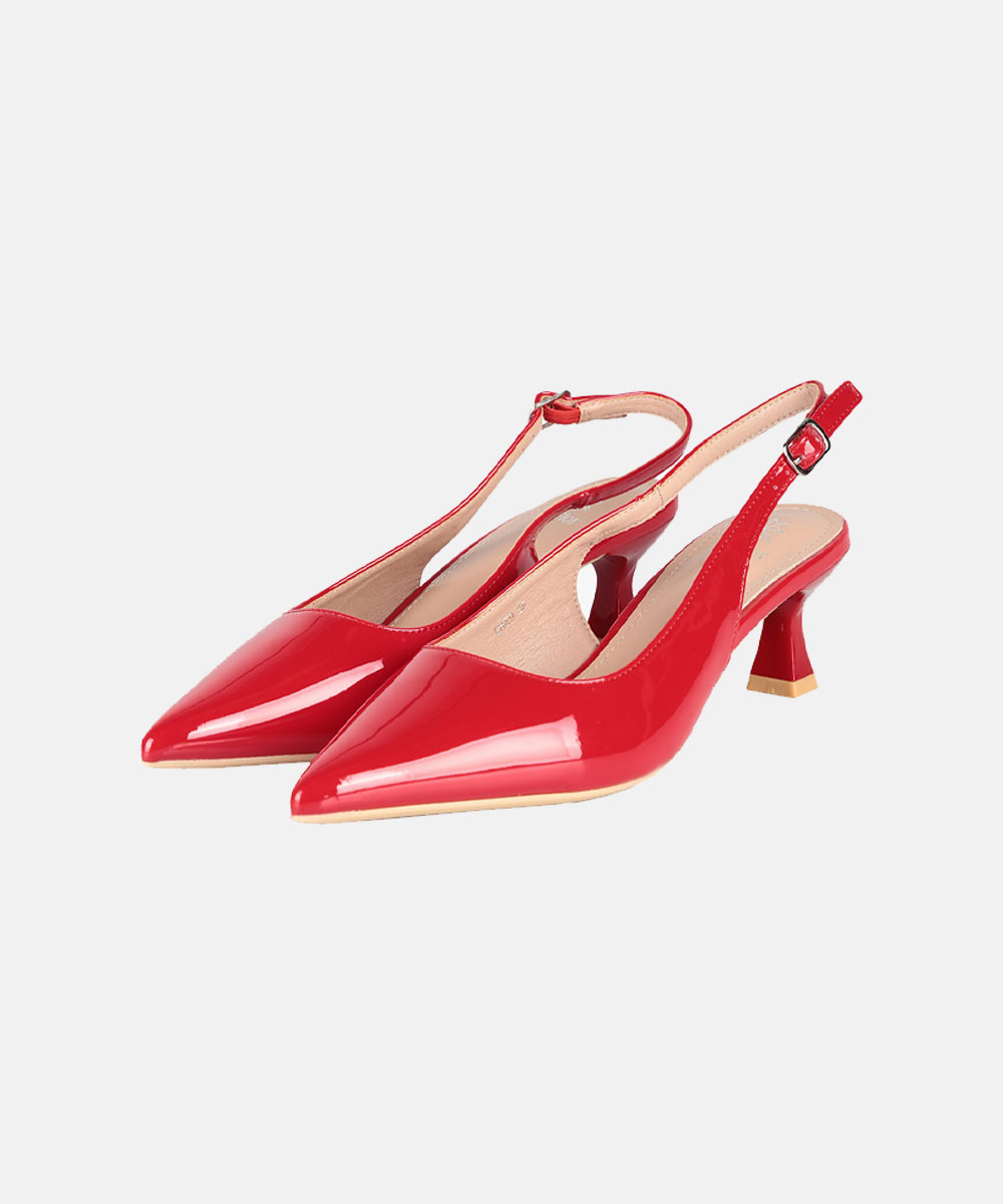 Red patent-leather slingback women's shoes, pointed toe and kitten heel with adjustable buckle strap