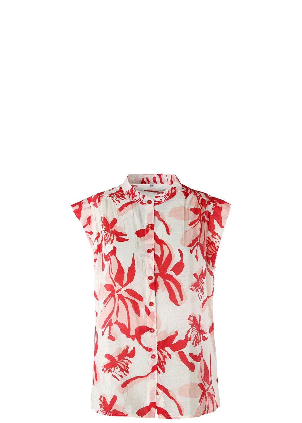 White sleeveless women's button-up blouse with red floral print and mandarin collar