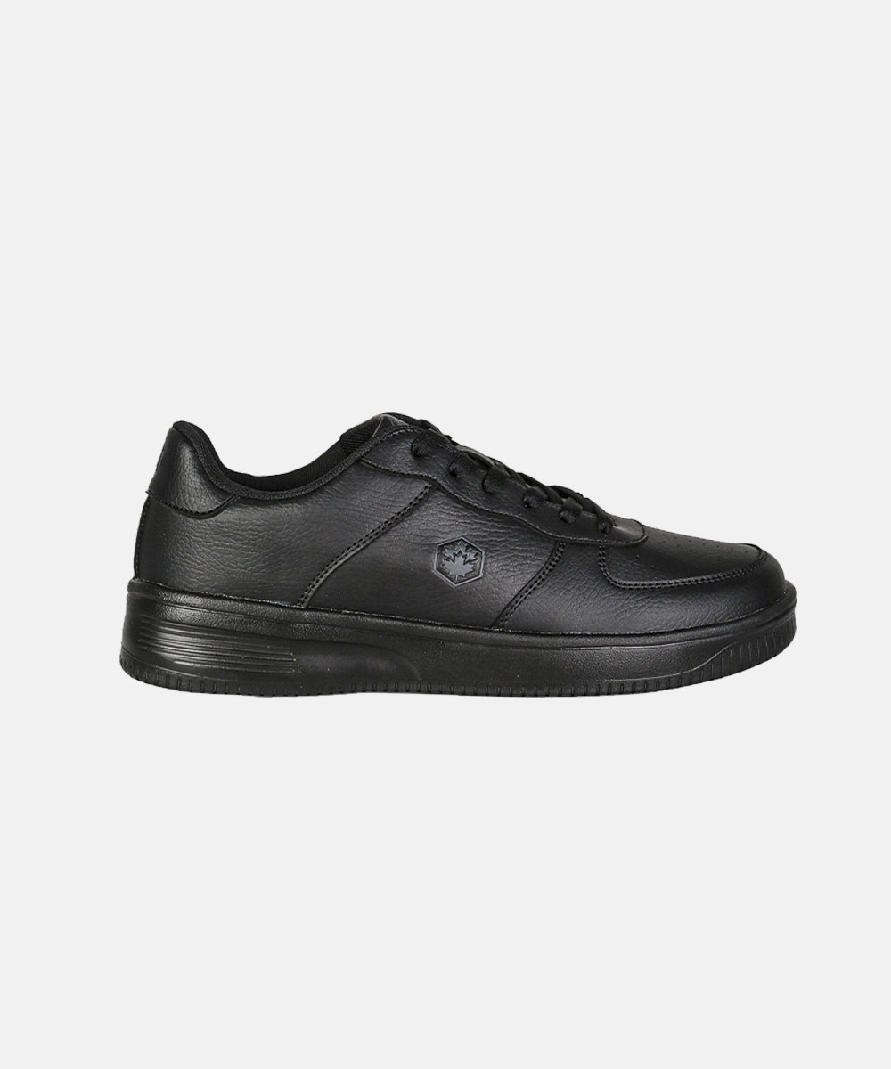 Side view of a black leather lace-up school shoe with low-profile non-slip sole and padded collar
