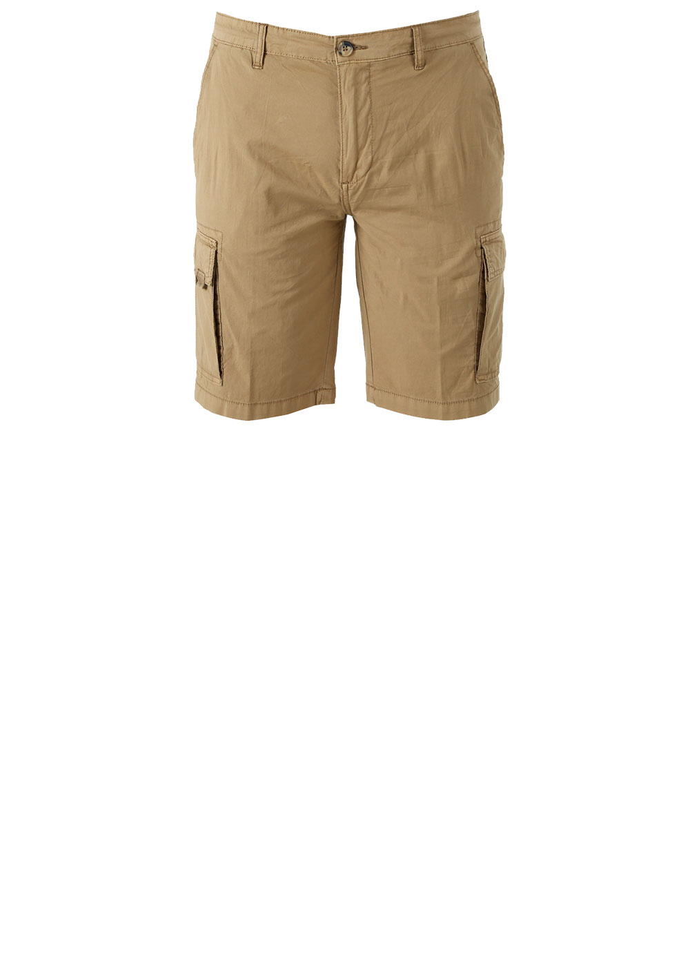 Men's khaki cargo shorts with side flap pockets, button-and-zip fastening, knee-length cotton blend
