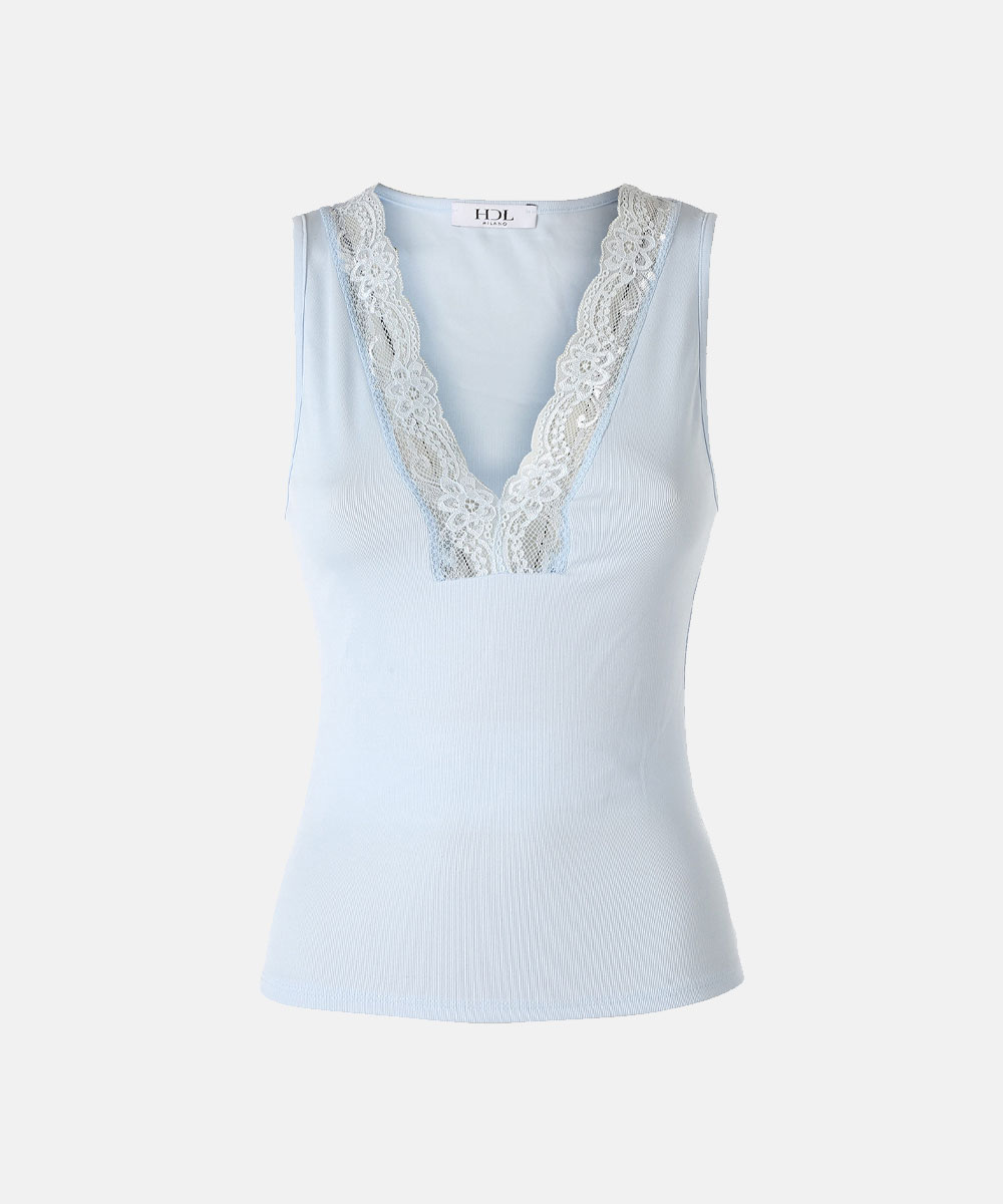 Light blue ribbed sleeveless camisole top with deep V-neck and decorative white lace trim
