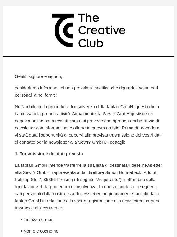 Annuncio della trasmissione dei Suoi dati a SewIY GmbH / Il Suo diritto di opposizione