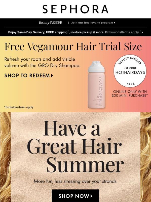 Score a FREE dry shampoo trial size from Vegamour 💛🌞