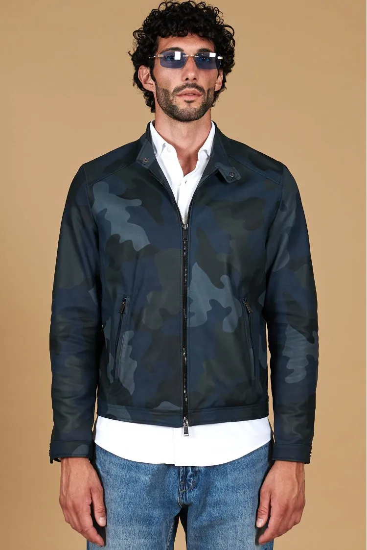 Image of Giacca in pelle mimetica blu effetto liscio colletto coreana