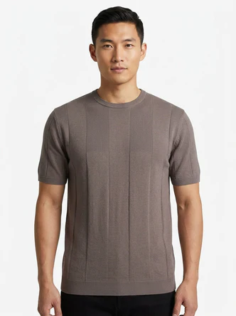 T-Shirt in Filo di Cotone con Costa Piatta / Marrone