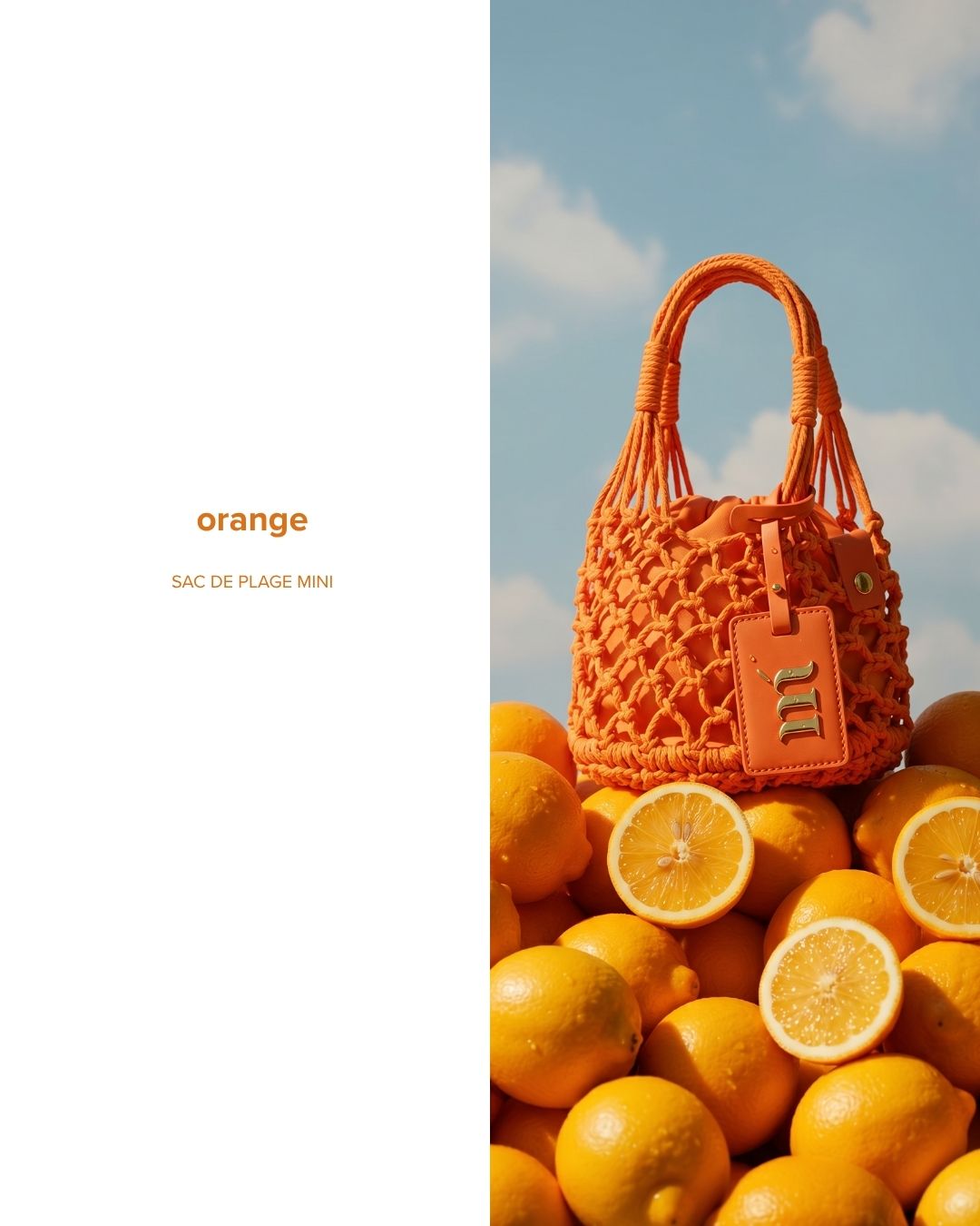 Orange macramé mini beach bag with leather tag on a pile of fresh oranges against a blue sky — summer accessory in vibrant colour