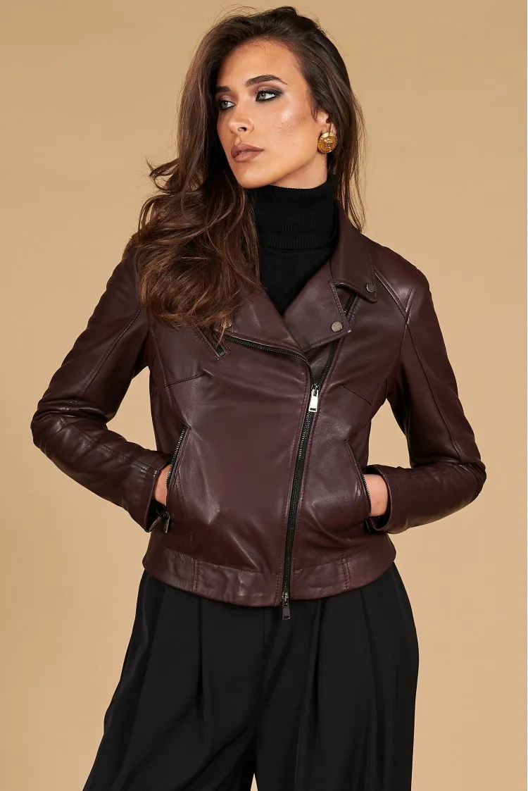 Image of Giacca chiodo in pelle naturale bordeaux effetto liscio