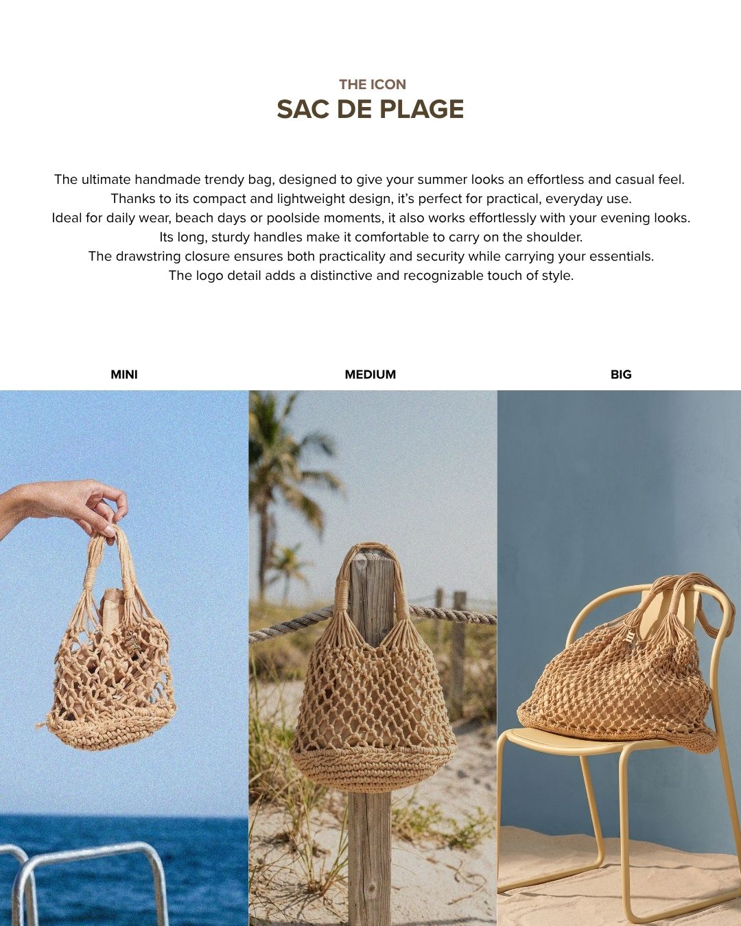 Handmade woven straw beach bag trio (mini, medium, big) shown: hand-held by the sea, hanging on a post, and placed on a chair