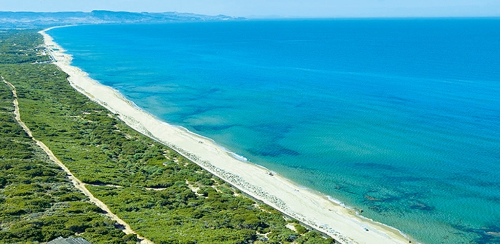 Aerial view of a long sandy beach with turquoise sea and clear shallow waters beside green coastal scrub and walking paths