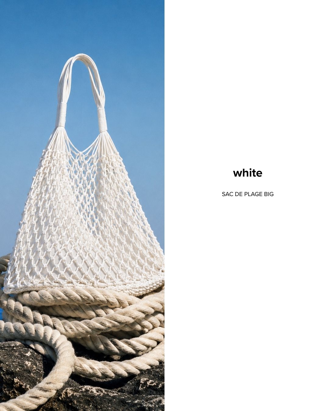 White macramé net beach bag with loop handles resting on coiled rope on rocks against a clear blue sky