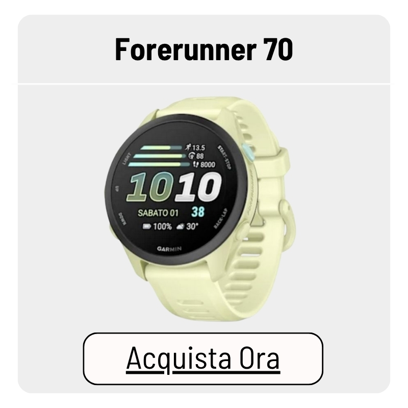 Garmin Forerunner 70 pale green GPS running smartwatch with round display showing time, steps and battery