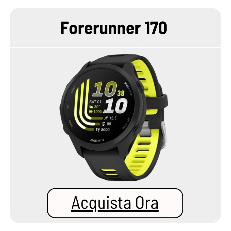 Garmin Forerunner 170 black and neon-yellow sports smartwatch with round display showing time, steps, heart rate and fitness metrics