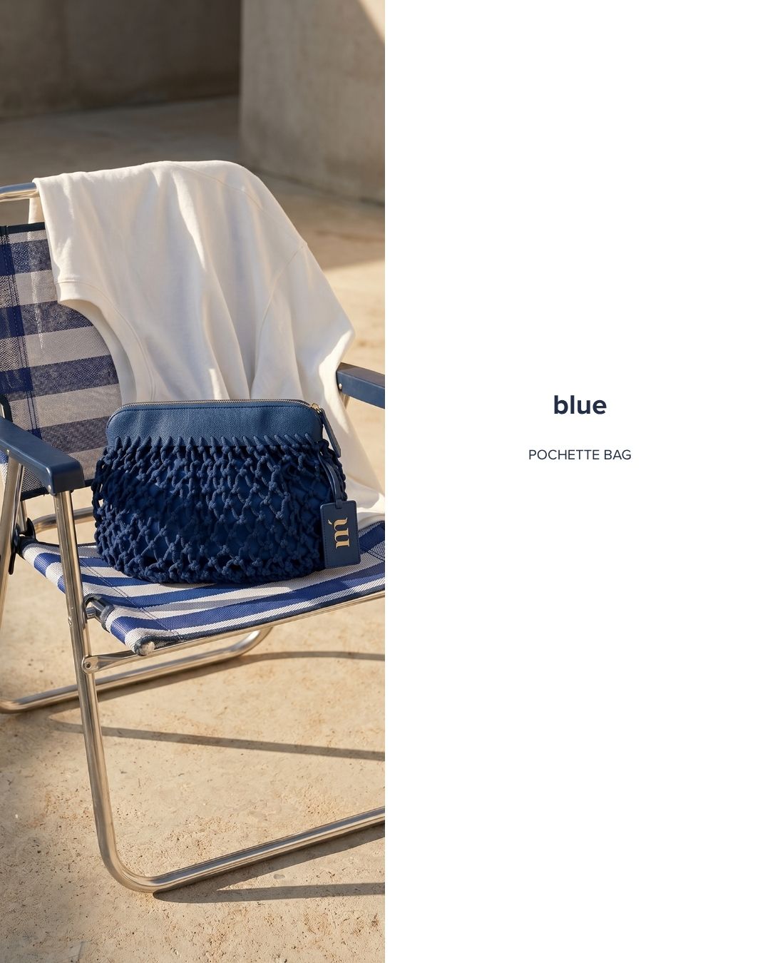 Blue woven pochette bag on a blue-and-white striped folding beach chair with a white shirt draped on a sunlit patio