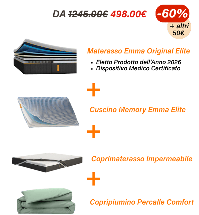 DA 498.00€ -60% + altri 50€ Materasso Emma Original Elite + Cuscino Memory Emma Elite + Coprimaterasso Impermeabile + Copripiumino Percalle Comfort
