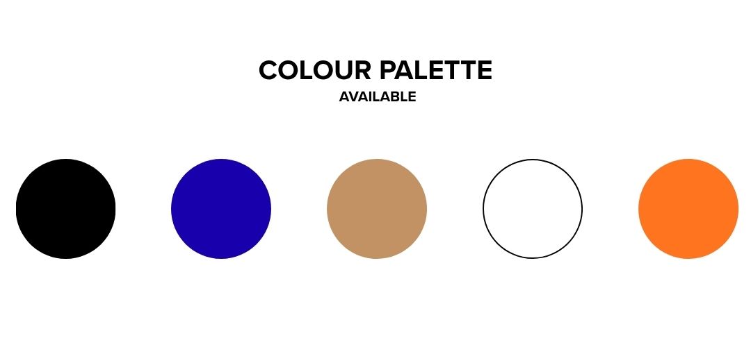 Colour palette available showing five circular swatches: black, royal blue, tan, white (outlined) and bright orange on a white background