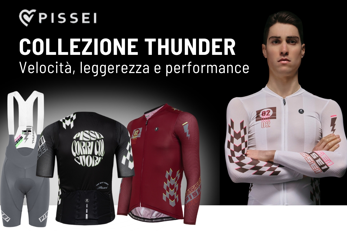 Pissei Collezione Thunder cycling kit: white aero jersey, maroon and black jerseys, grey bib shorts on black background