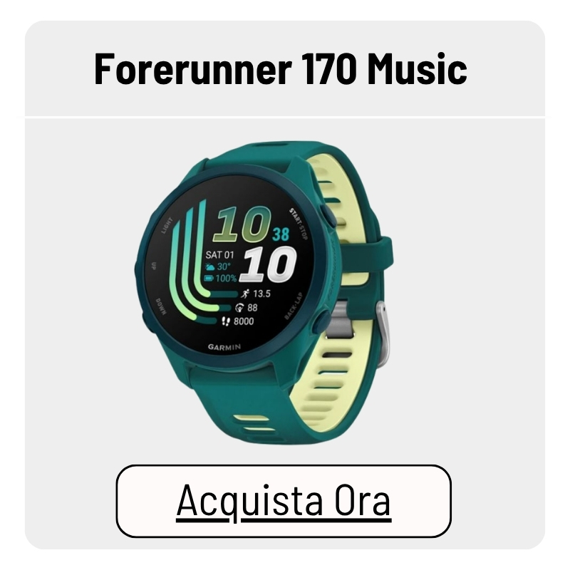 Garmin Forerunner 170 Music teal and lime fitness smartwatch with round display showing activity stats and silicone strap