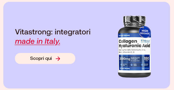 &ldquo;Integratore Vitastong Collagen Hyaluronic Acid in flacone. Testo: &lsquo;Vitastong: integratori made in Italy&rsquo; con pulsante &lsquo;Scopri qui&rsquo;.&rdquo;