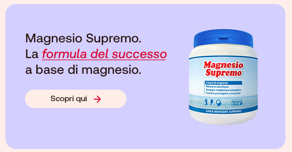 &ldquo;Barattolo di Magnesio Supremo su sfondo lilla. Testo: &lsquo;Magnesio Supremo. La formula del successo a base di magnesio&rsquo; con pulsante &lsquo;Scopri qui&rsquo;.&rdquo;