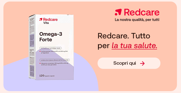 &ldquo;Confezione Redcare Vita Omega-3 Forte. Testo: &lsquo;Redcare. Tutto per la tua salute&rsquo; con pulsante &lsquo;Scopri qui&rsquo;.&rdquo;