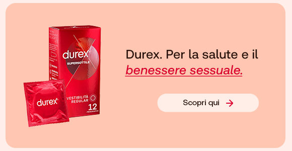 &ldquo;Confezione di preservativi Durex con singolo profilattico. Testo: &lsquo;Durex. Per la salute e il benessere sessuale&rsquo; con pulsante &lsquo;Scopri qui&rsquo;.&rdquo;
