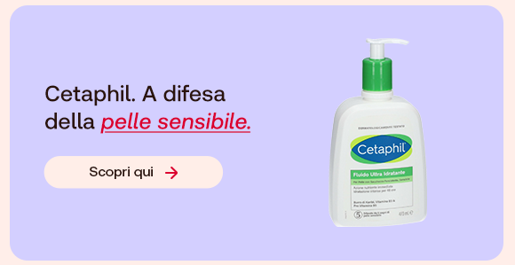 &ldquo;Flacone Cetaphil con dispenser su sfondo lilla. Testo: &lsquo;Cetaphil. A difesa della pelle sensibile&rsquo; con pulsante &lsquo;Scopri qui&rsquo;.&rdquo;
