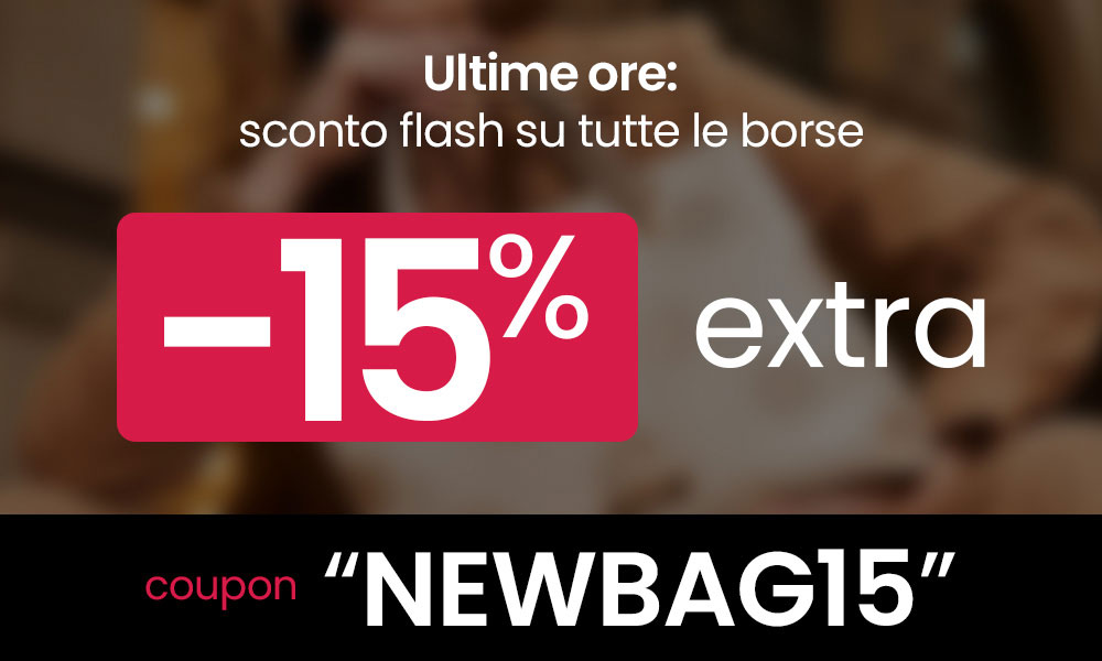 Promotional banner: extra 15% off all bags with coupon "NEWBAG15" – limited-time flash sale