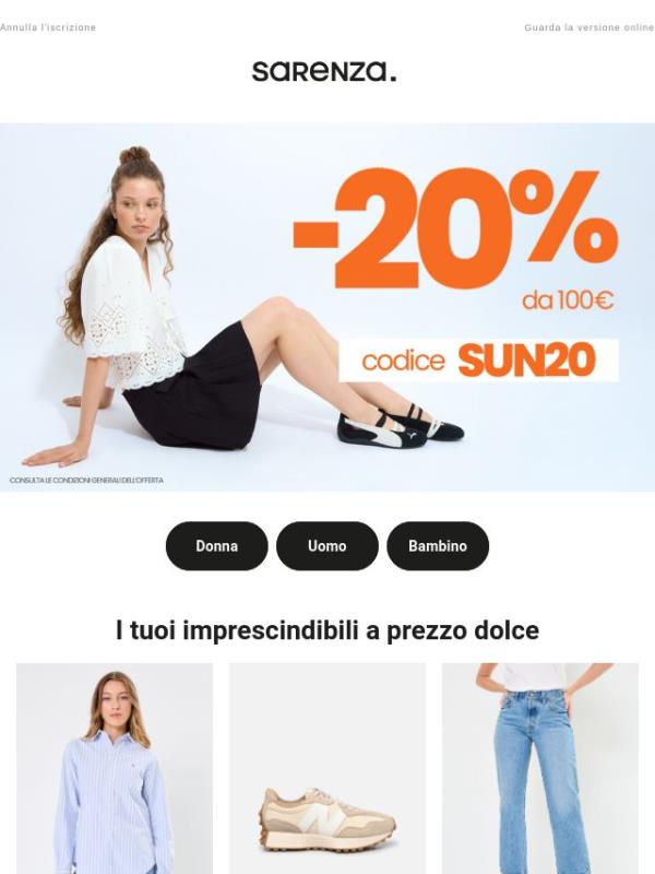 -20% da 100€! Approfittane con il codice SUN20 ☀️