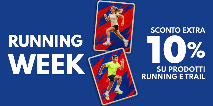 Running Week banner showing two runners mid-stride on red cards and text 'Extra 10% off running and trail products'
