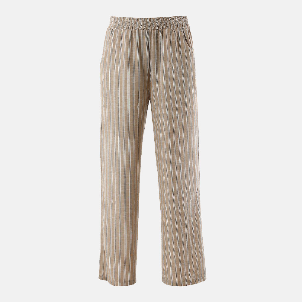 Beige linen-blend wide-leg trousers with white vertical stripes, elasticated waistband and side pockets