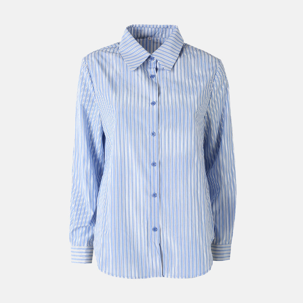 Women's blue and white vertical striped long-sleeve button-up shirt with classic collar on plain background