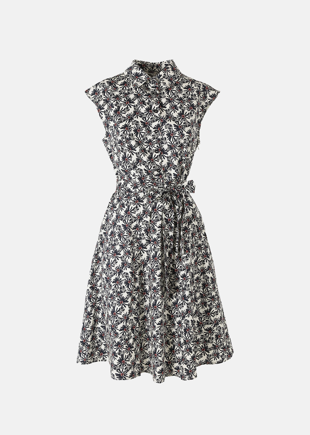 Women's sleeveless collared shirt dress with navy and red floral print on white, tie waist belt and flared knee-length skirt