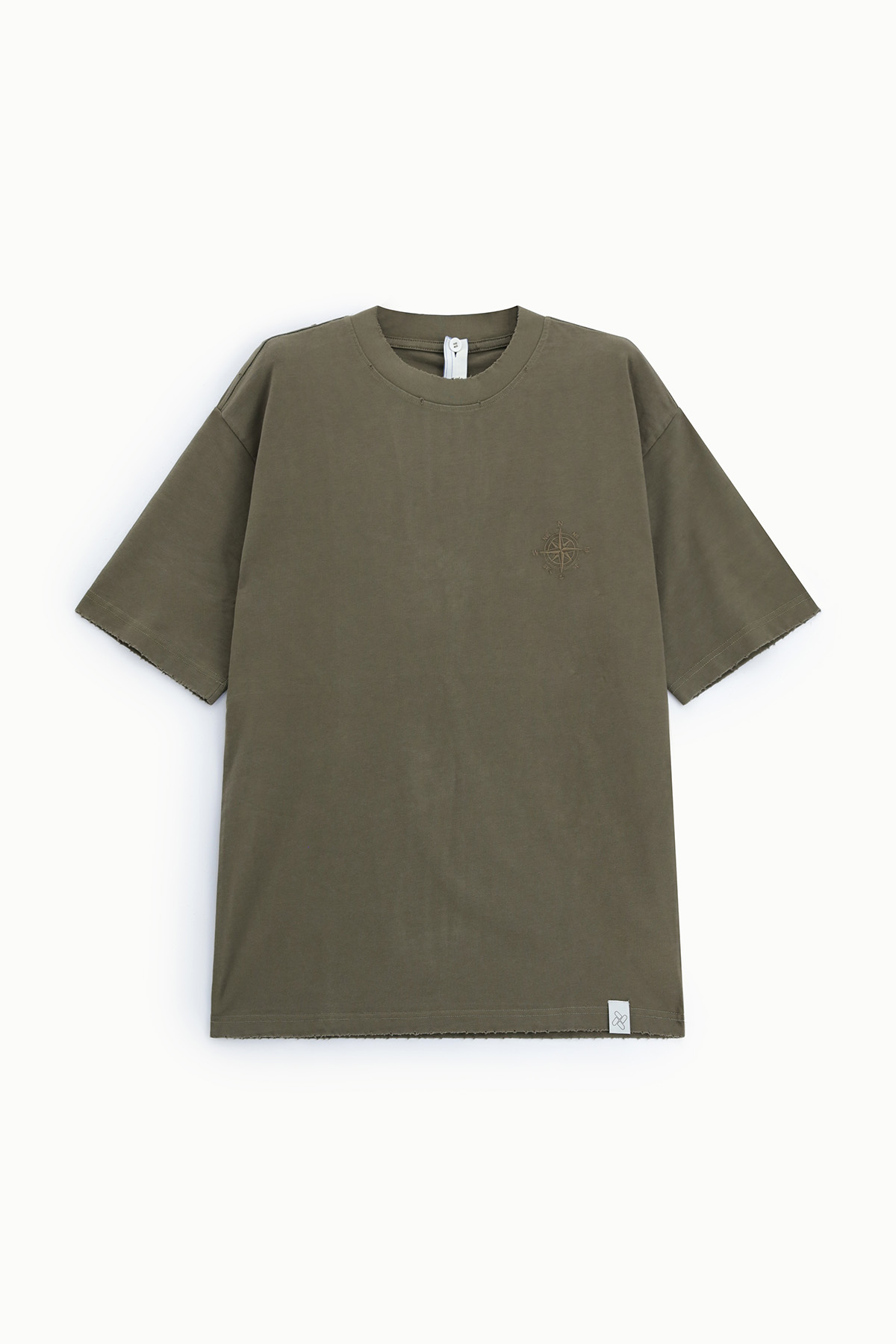 Olive-green short-sleeve cotton T-shirt with crew neck, small embroidered compass logo on left chest and label at hem