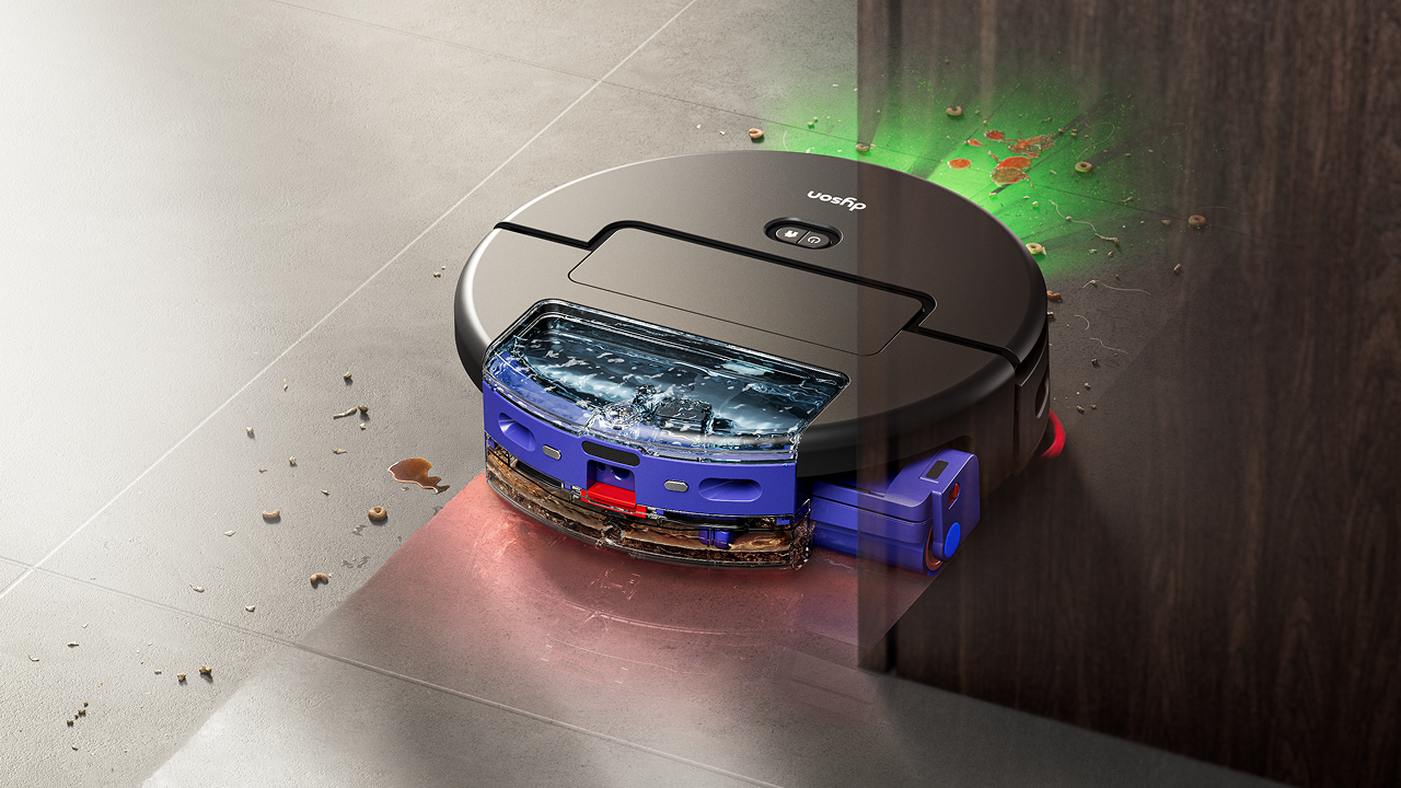 Il robot aspirapolvere Dyson Spot+Scrub Ai pulisce mentre si sposta intorno a un mobile.